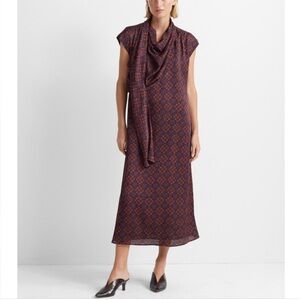 NWT Club Monaco Drape Navy Red Patterned Midi Dress